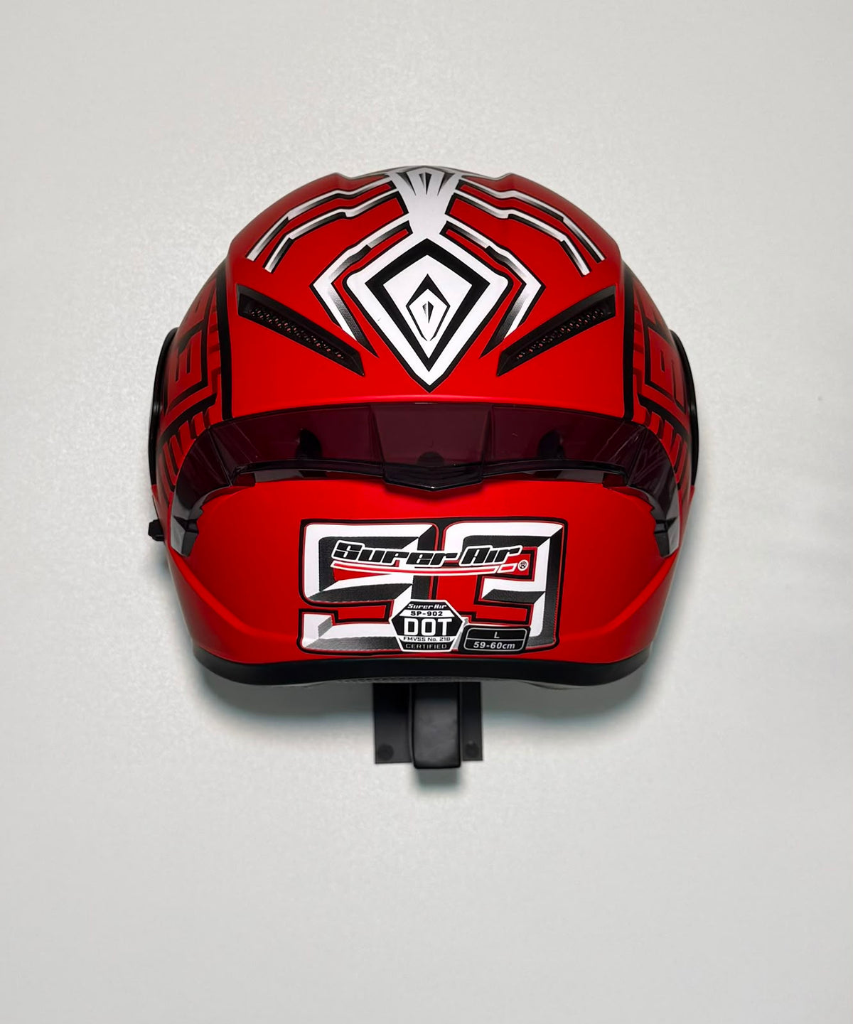 Super Air SP-902 Red #93 helmet rear view with DOT SP-902 certification badge