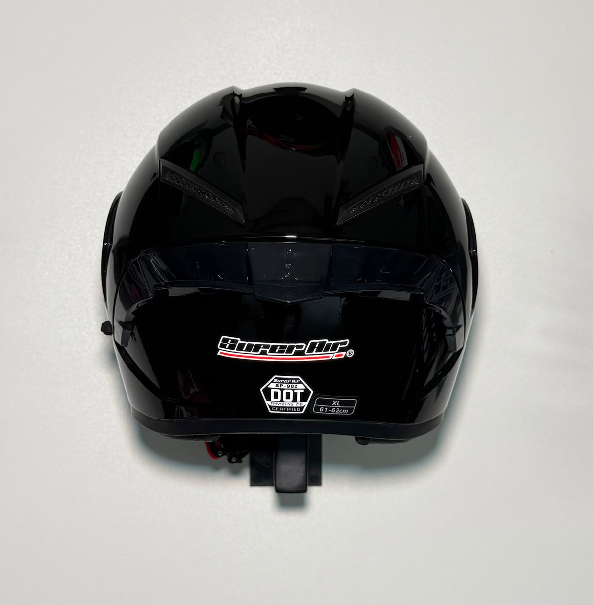 Super Air SP-902 Black helmet rear view with DOT certification badge