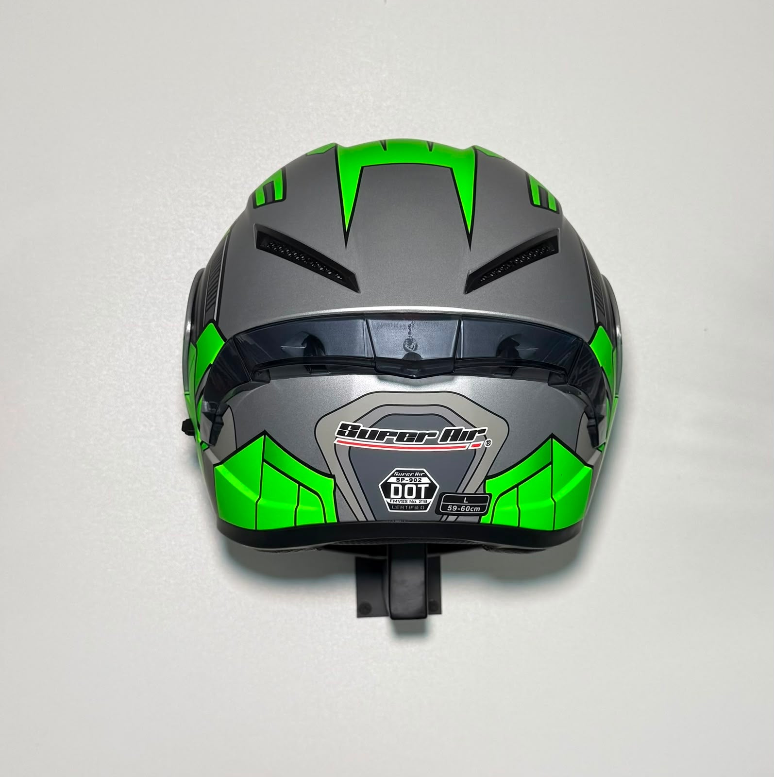 Super Air SP-902 Green & Grey helmet rear view with DOT certification badge