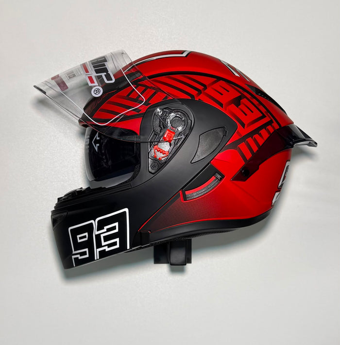 Super Air SP-902 Red #93 helmet side view with tribal maze graphic and 93 chin bar