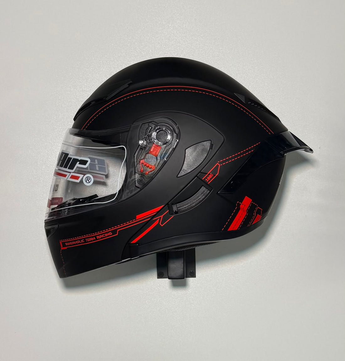 Super Air SP-902 Bikeaholic Team Racing Black helmet side view with open visor