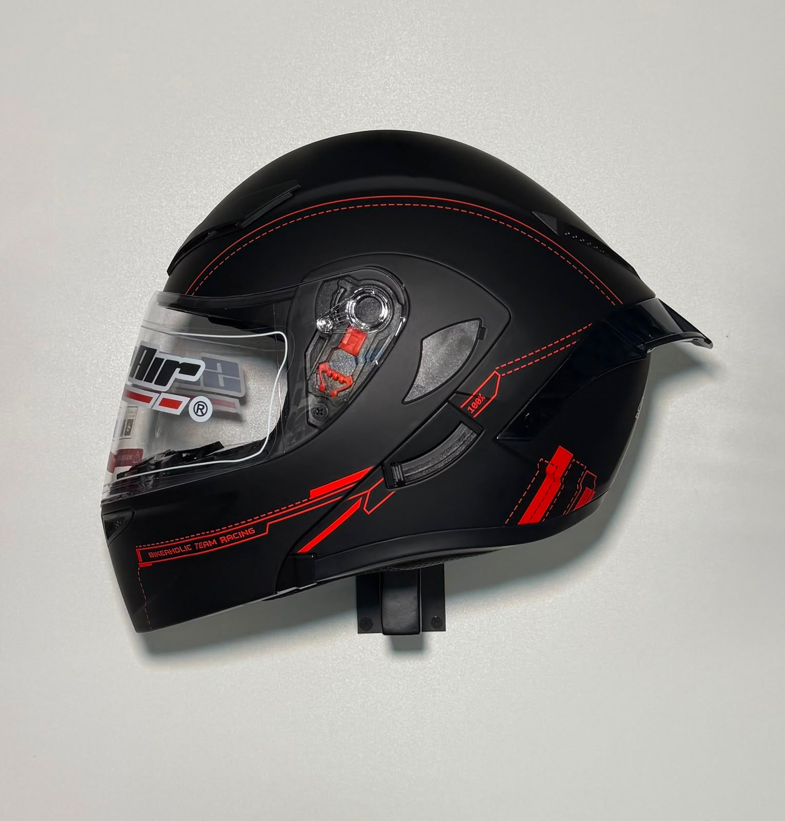 Super Air SP-902 Bikeaholic Team Racing Black helmet side view with red stripe graphic