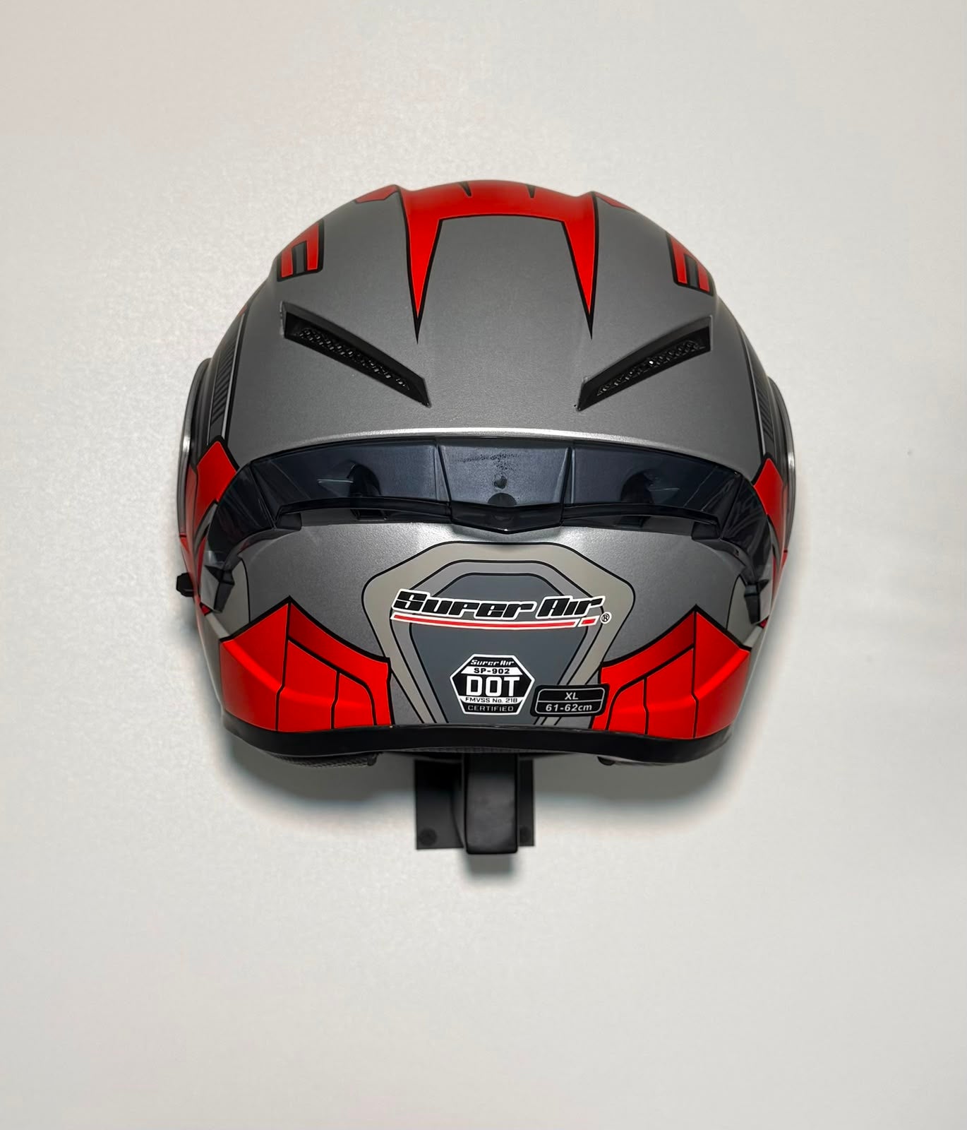 Super Air SP-902 Pro Red & Grey helmet top view with mech graphic design
