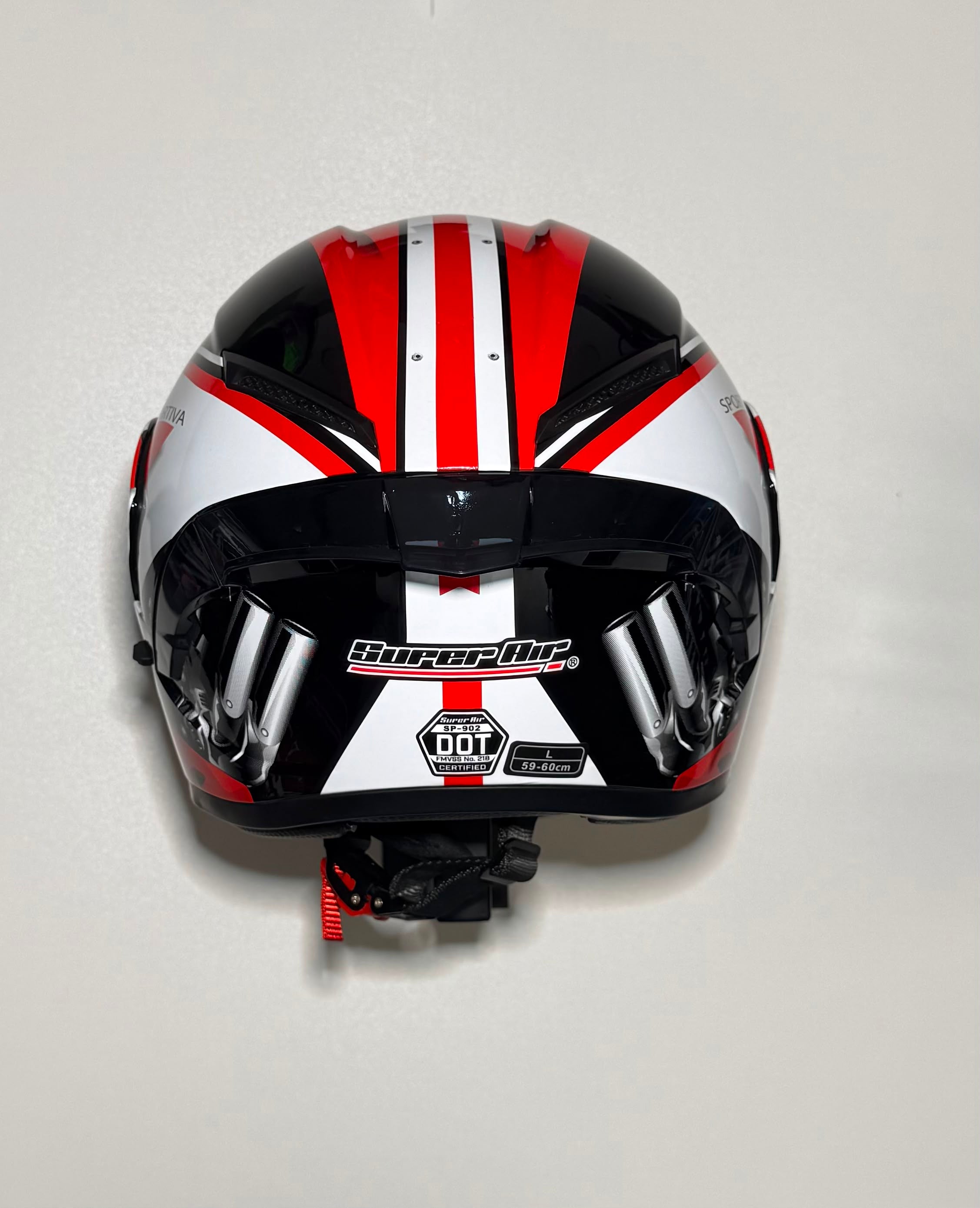 Super Air Sportiva Red helmet rear view with DOT SP-902 certification badge