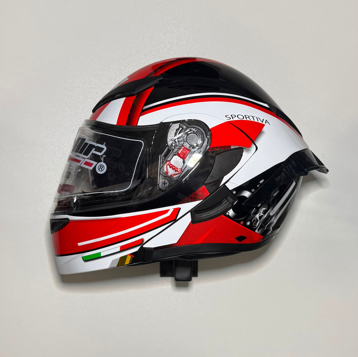 Super Air Sportiva Red helmet side view with Sportiva branding and Italian flag detail