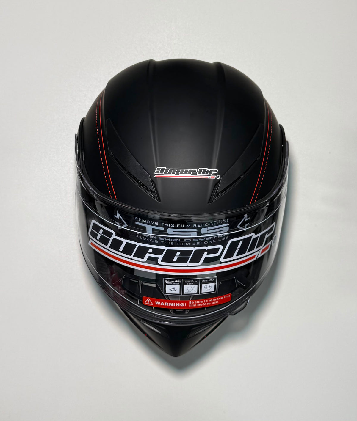 Super Air SP-902 Bikeaholic Team Racing Black helmet front view with TSS twin shield sticker