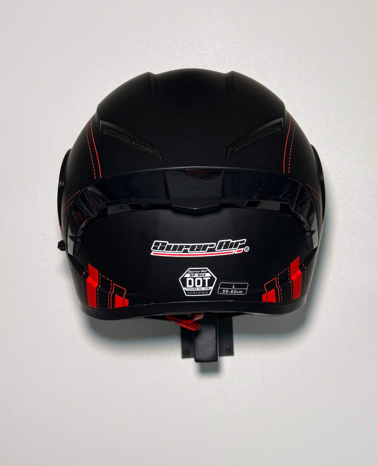 Super Air SP-902 Bikeaholic Team Racing Black helmet rear view with DOT SP-902 certification badge