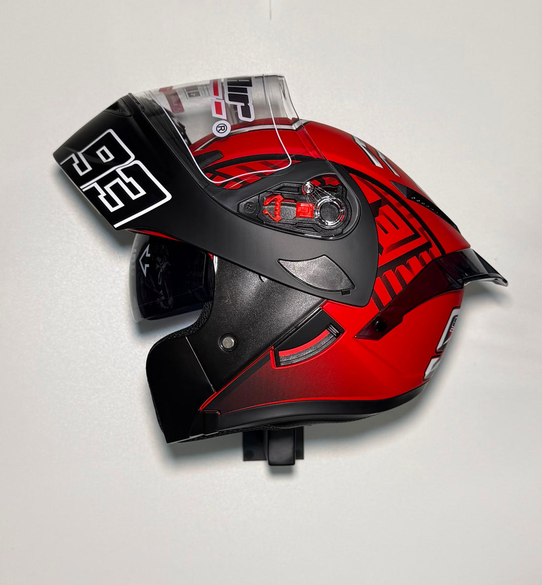 Super Air SP-902 Red #93 helmet side view with tribal maze graphic and 93 chin bar
