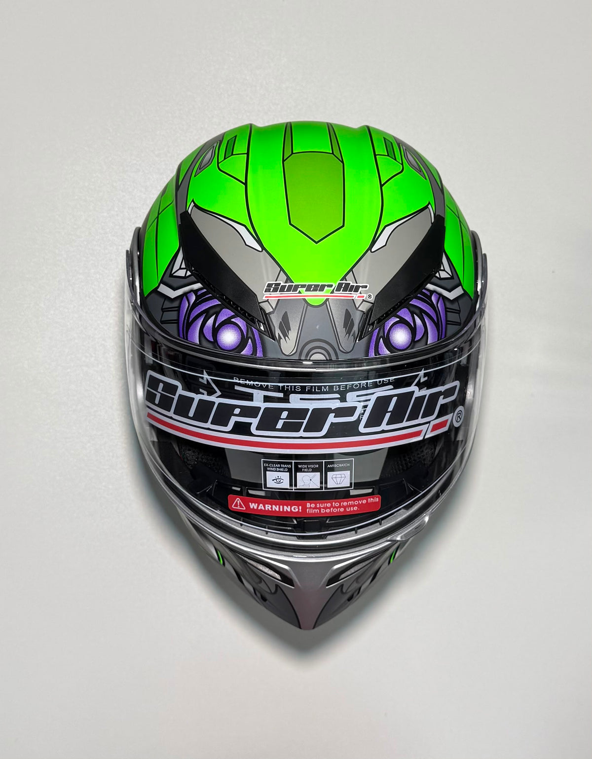 Super Air SP-902 Green & Grey helmet front view with mech warrior graphic and purple eyes