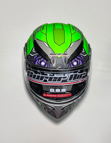 Super Air SP-902 Green & Grey helmet front view with mech warrior graphic and purple eyes