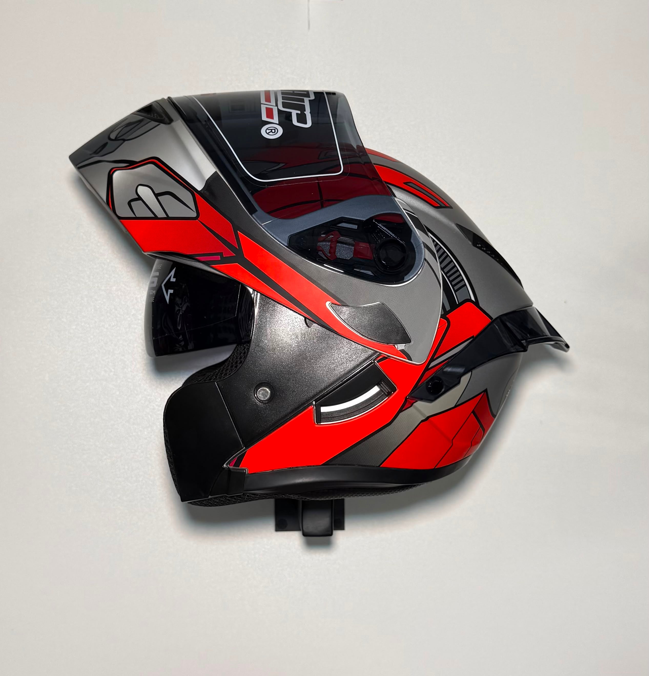 Super Air SP-902 Pro Red & Grey helmet front view with smoke visor and Super Air branding