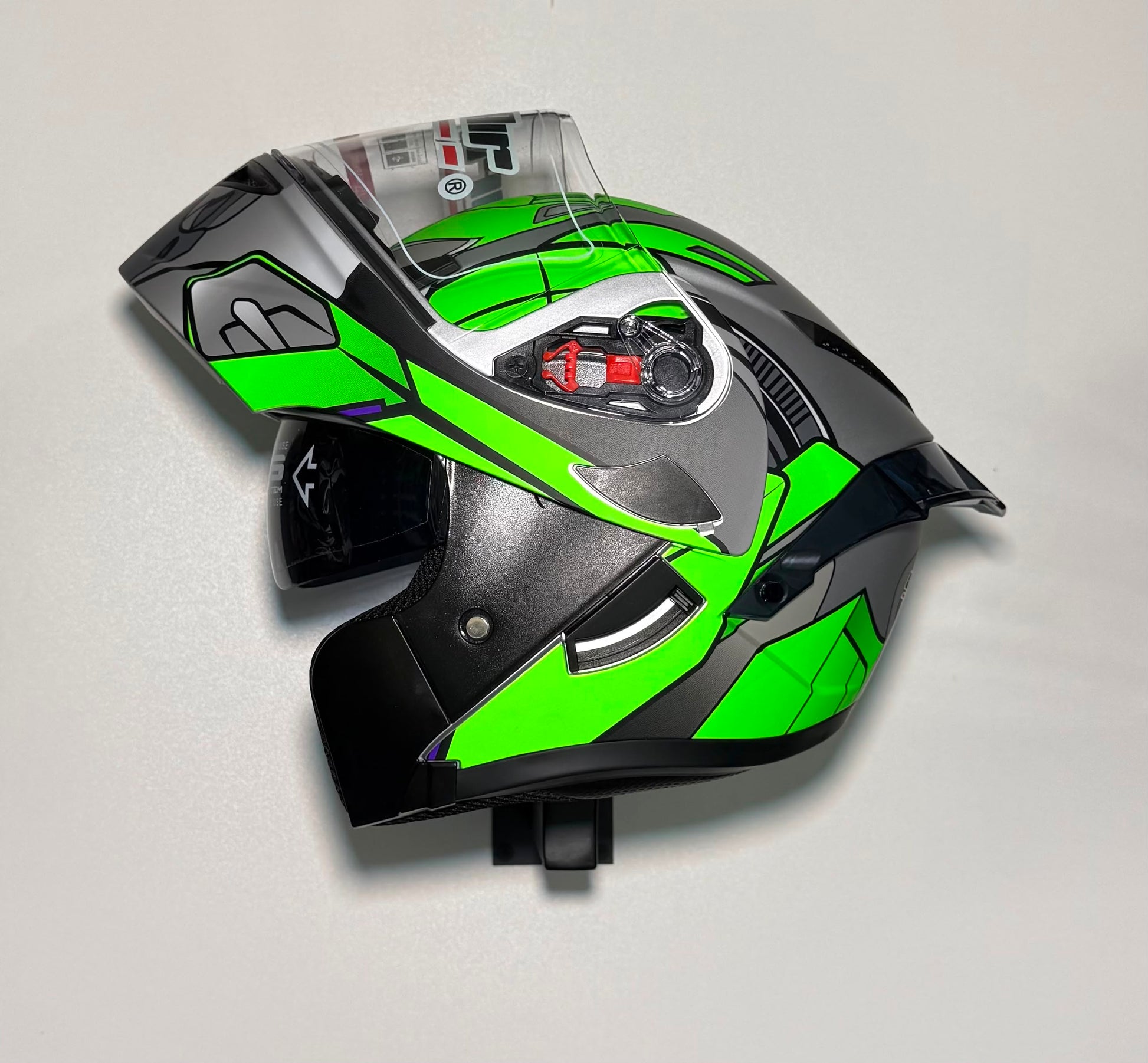Super Air SP-902 Green & Grey helmet top angle view with open visor