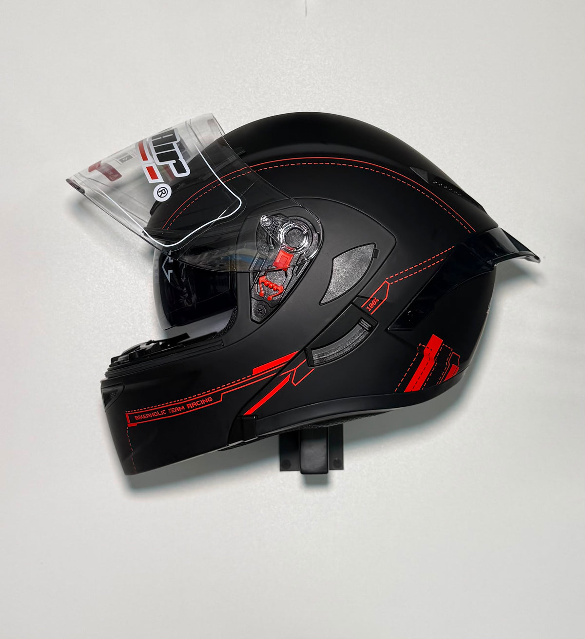 Super Air SP-902 Bikeaholic Team Racing Black helmet side view with open visor