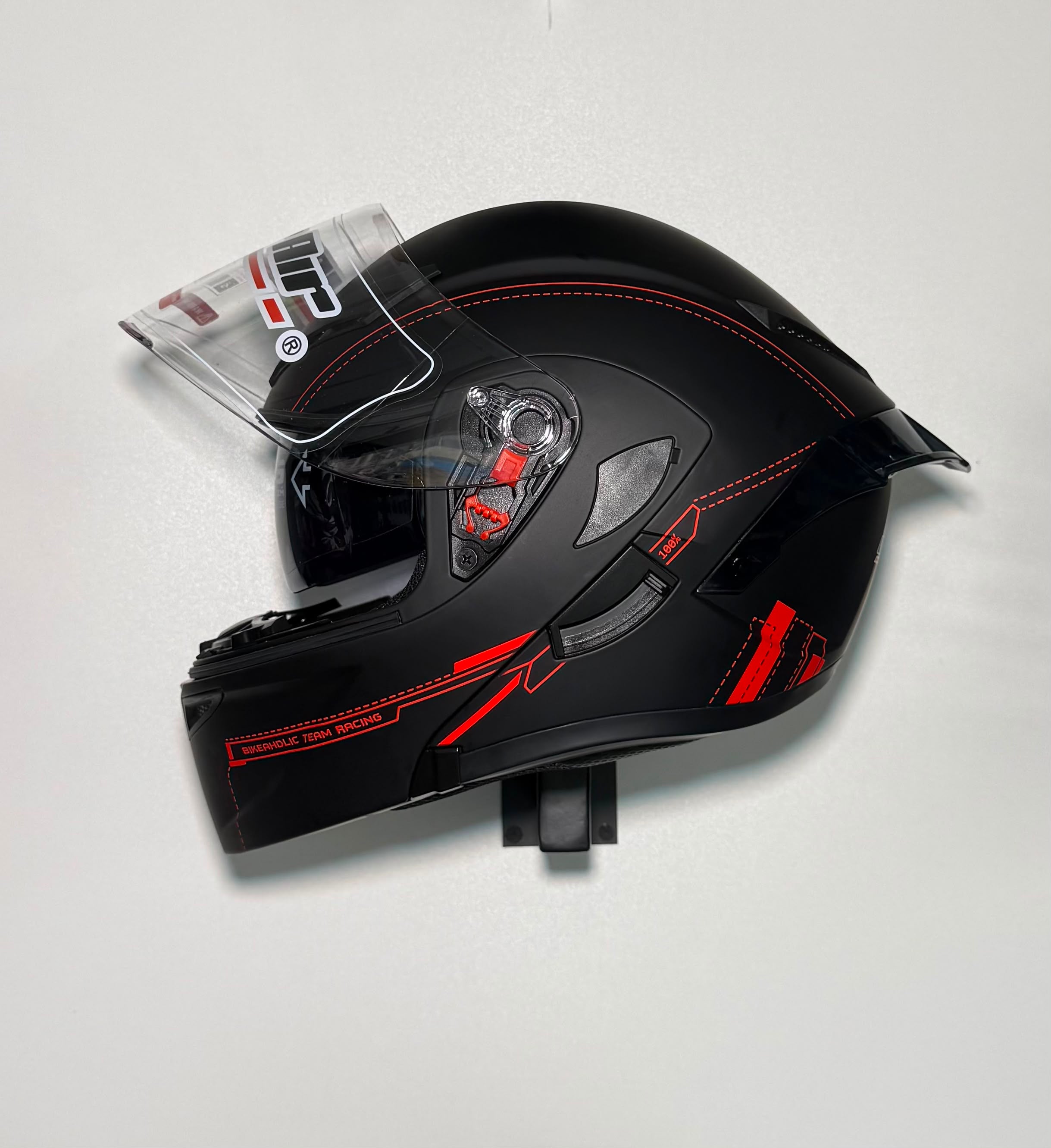 Super Air SP-902 Bikeaholic Team Racing Black helmet side view with open visor