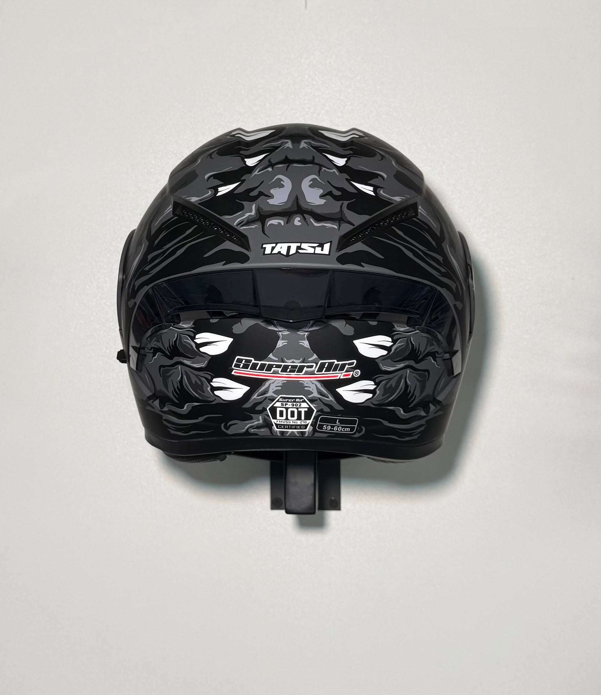 Super Air SP-002 Tatsu Black helmet rear view with DOT SP-002 certification badge
