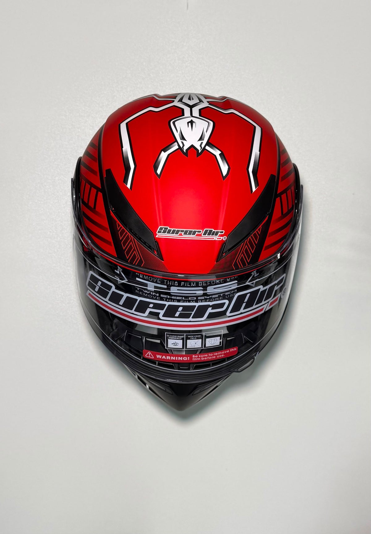 Super Air SP-902 Red #93 helmet top view with spider crown emblem