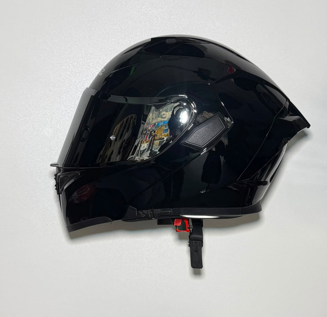 Super Air SP-918 Pro Gloss Black helmet side view with visor open showing inner shield