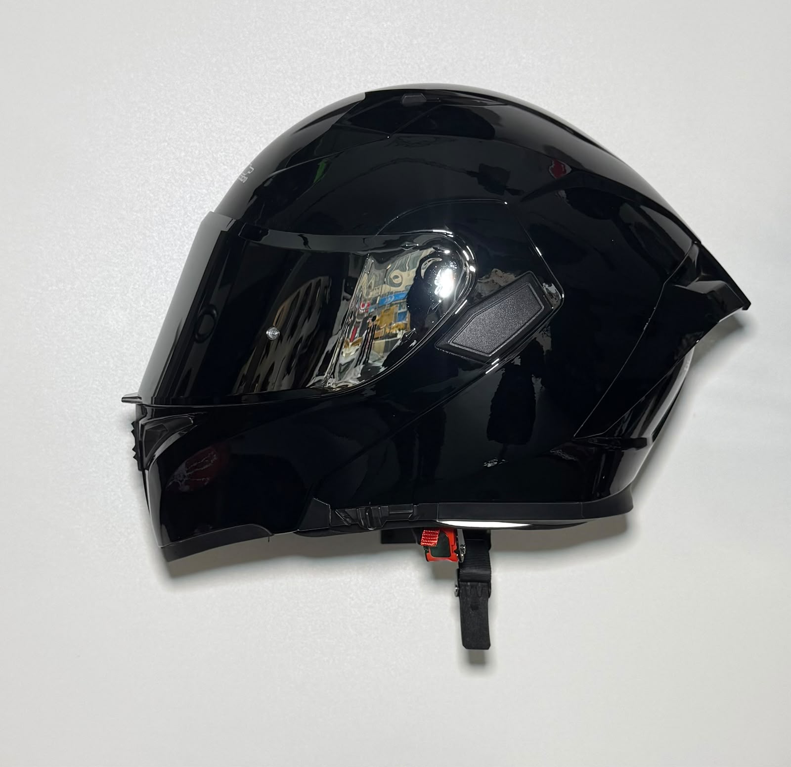 Super Air SP-918 Pro Gloss Black helmet side view with dark smoke visor closed