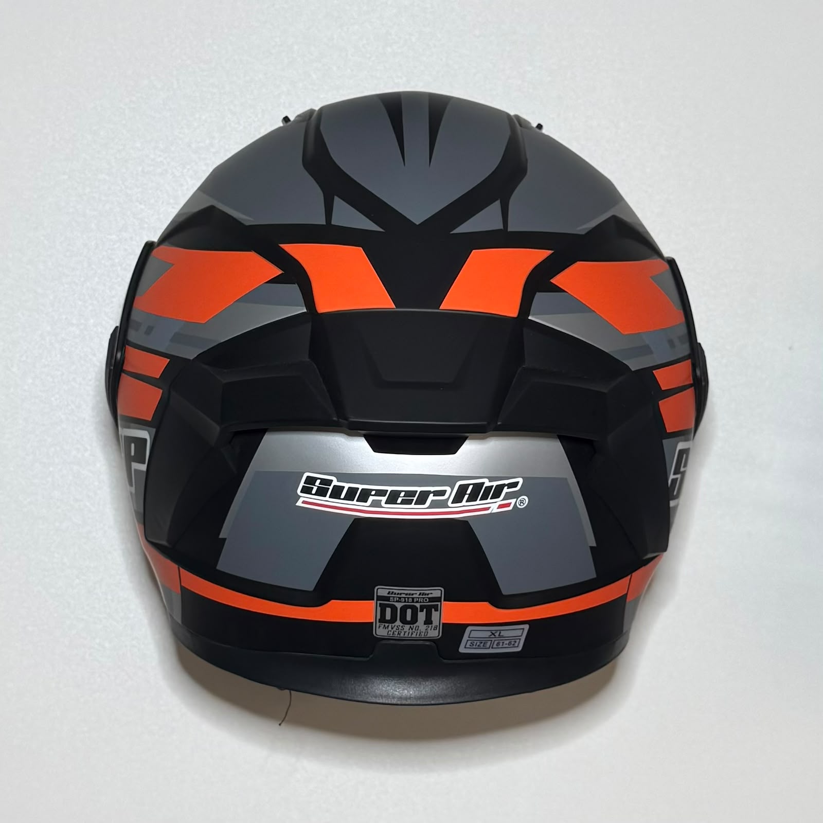 Super Air SP-918 Pro Orange helmet rear view with DOT SP-918 PRO certification badge and orange graphic