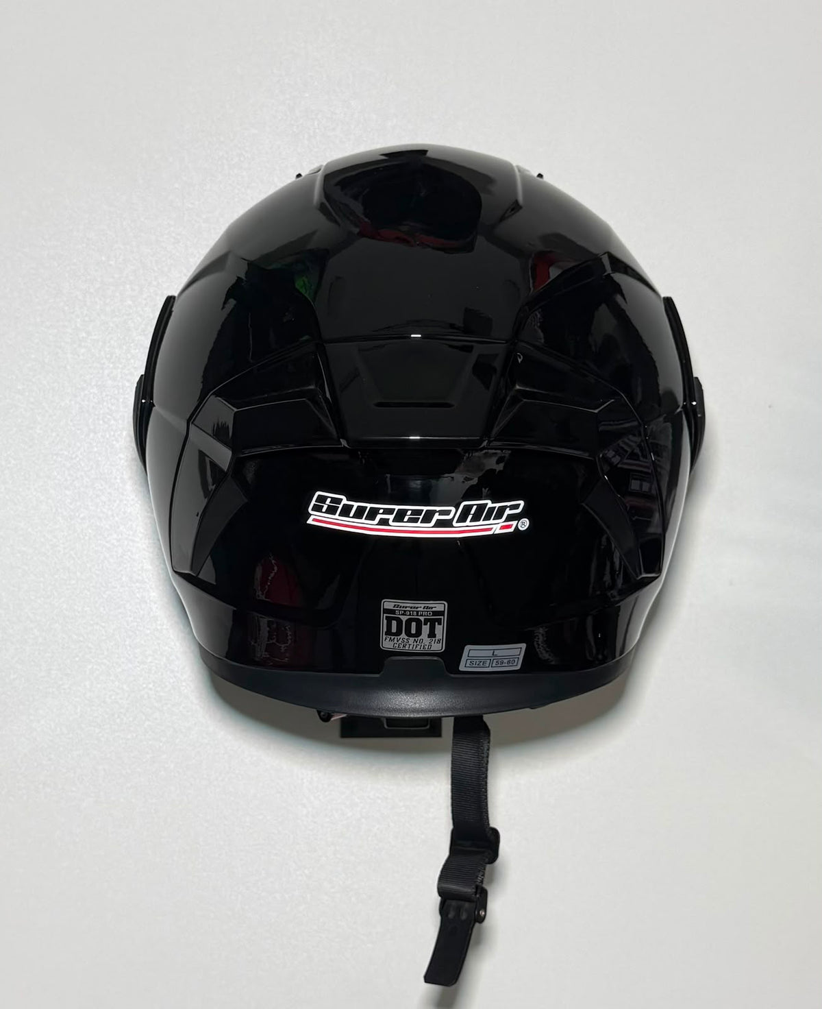 Super Air SP-918 Pro Gloss Black helmet top/rear view with DOT SP-918 PRO certification badge