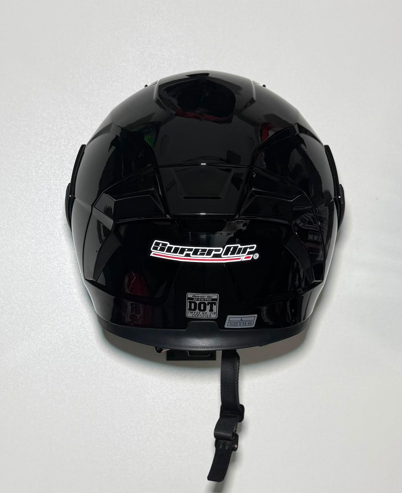 Super Air SP-918 Pro Gloss Black helmet top/rear view with DOT SP-918 PRO certification badge