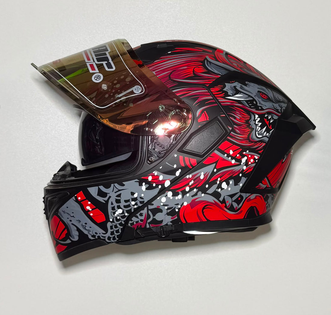 Super Air SP-918 Pro Red Beast helmet side view with gold iridium visor open