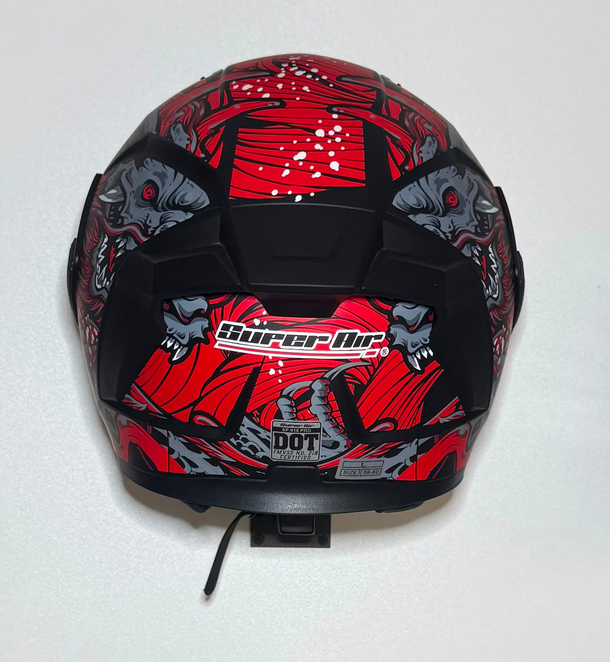 Super Air SP-918 Pro Red Beast helmet rear view with wolf graphic and DOT SP-918 PRO badge