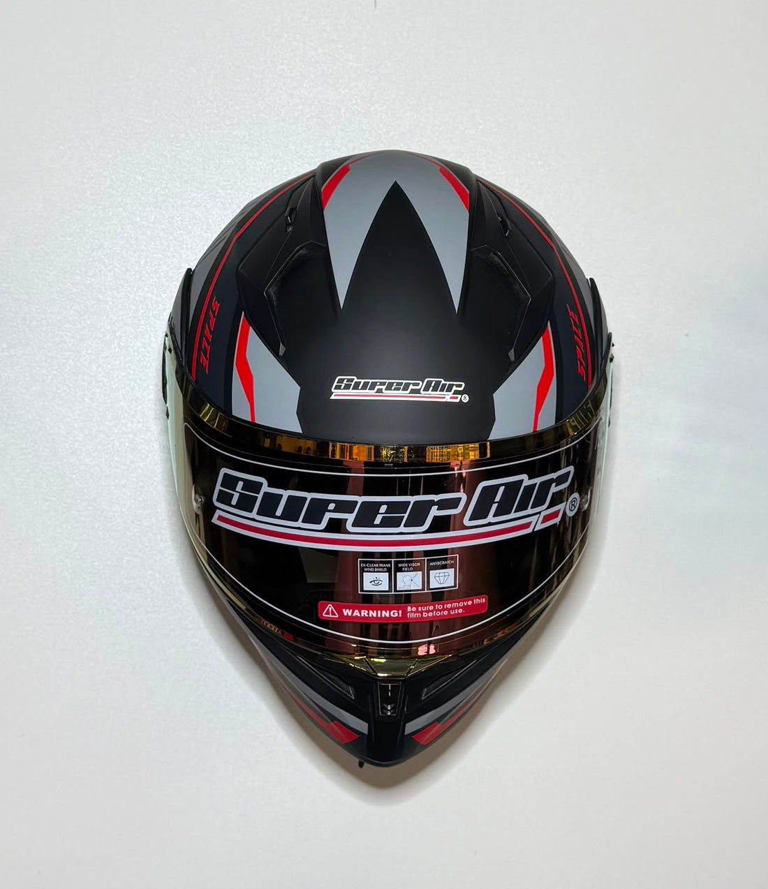 Super Air SP-918 Pro Grey Red helmet front view with gold iridium visor and Super Air branding