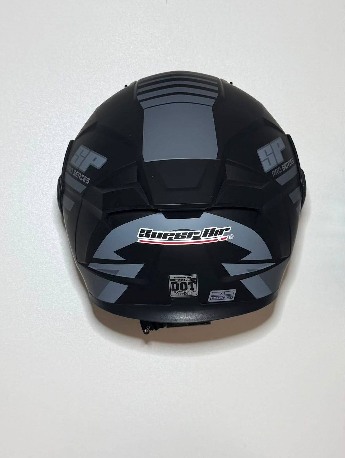 Super Air SP-918 Pro Series matte black Race Performance helmet rear view with DOT badge