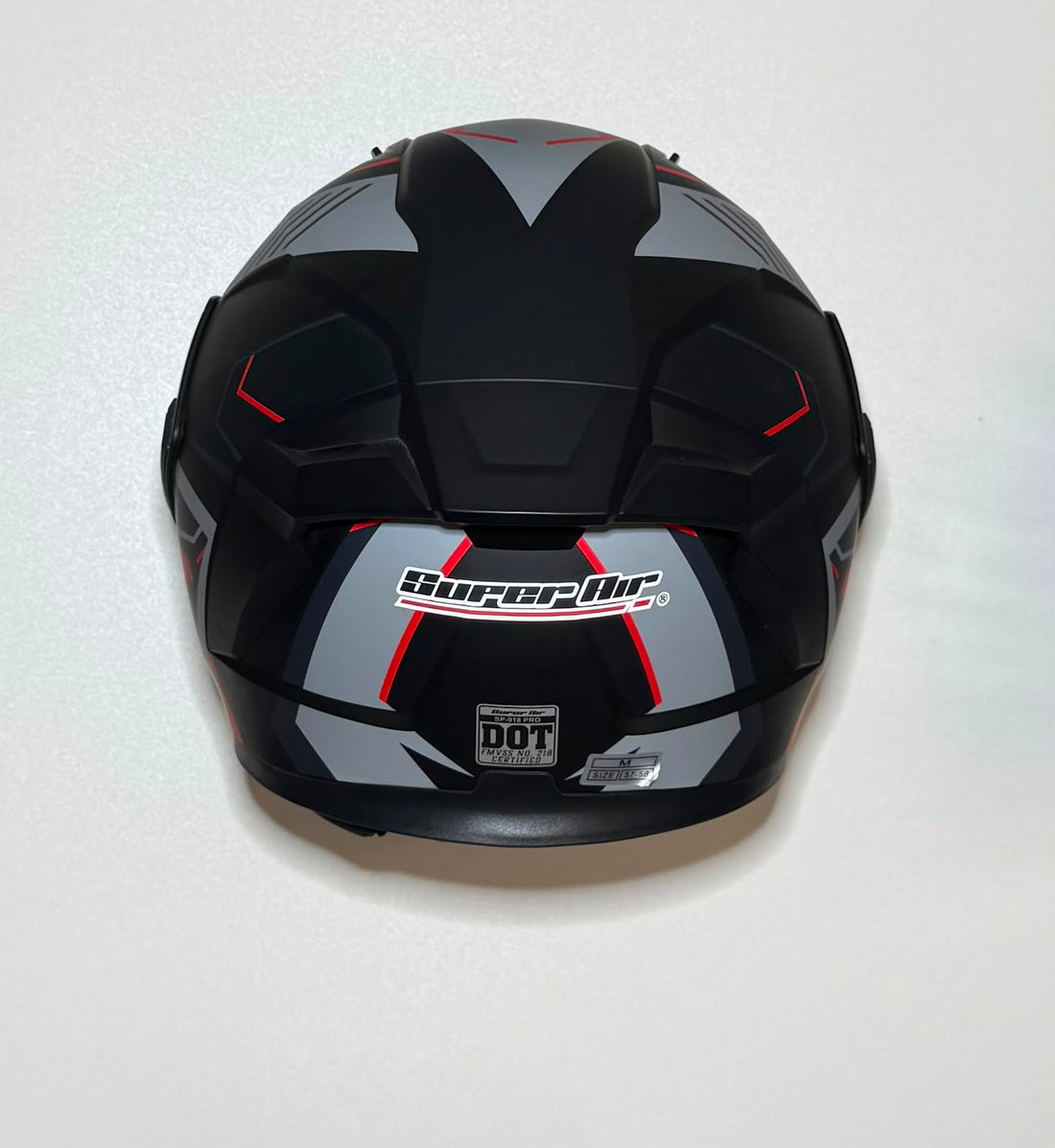 Super Air SP-918 Pro Grey Red helmet front view with gold iridium visor and Super Air branding