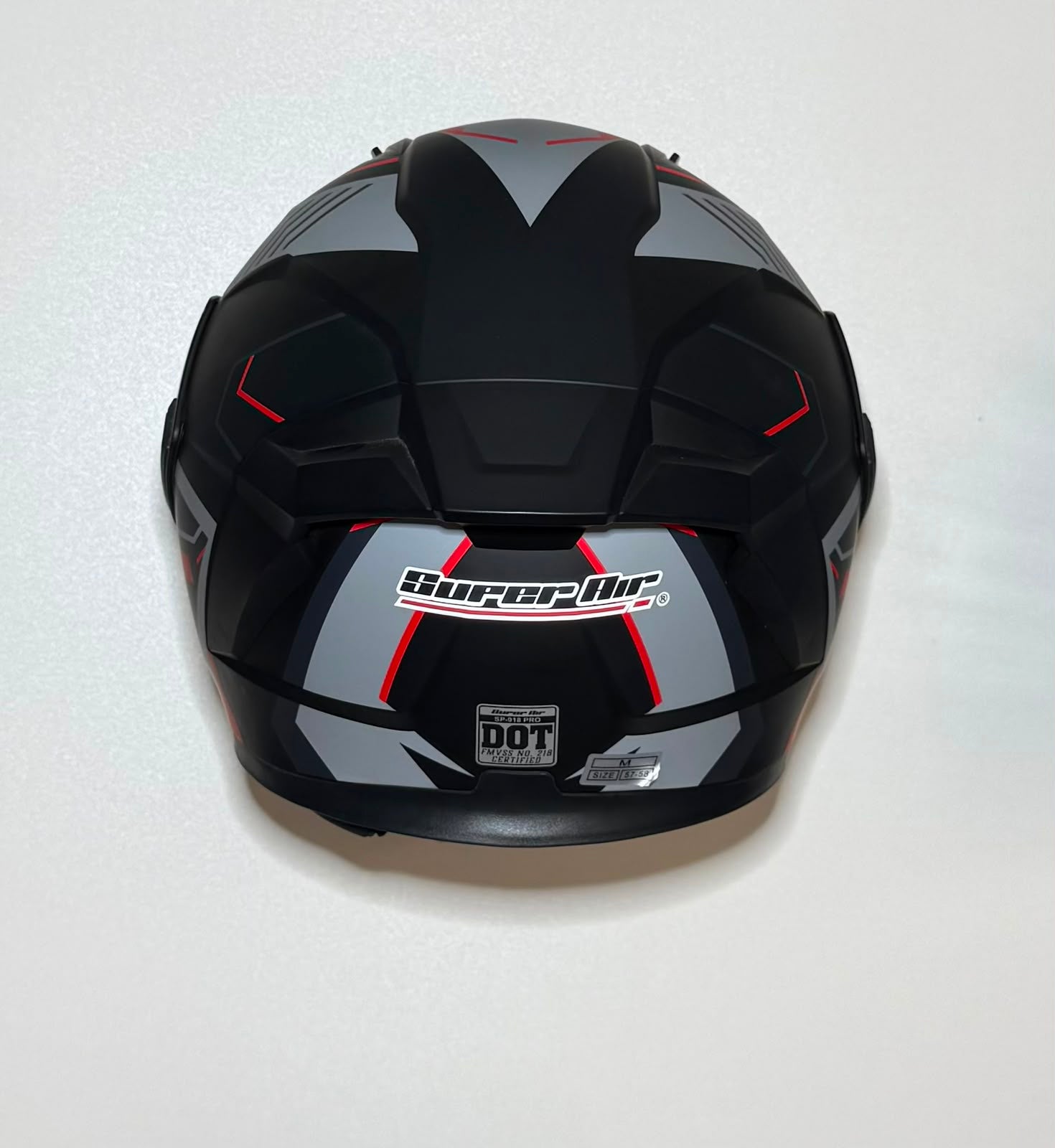 Super Air SP-918 Pro Grey Red helmet rear view with Super Air branding and DOT SP-918 PRO badge