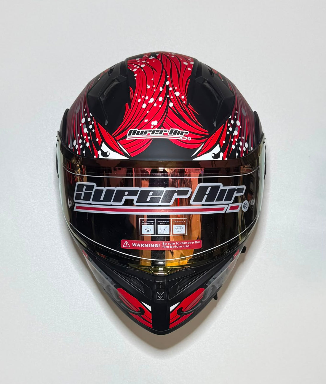 Super Air SP-918 Pro Red Beast helmet side view with gold iridium visor open