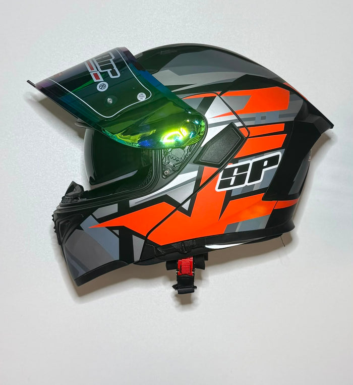 Super Air SP-918 Pro Orange helmet side view with bold orange and grey geometric graphic and green iridium visor open