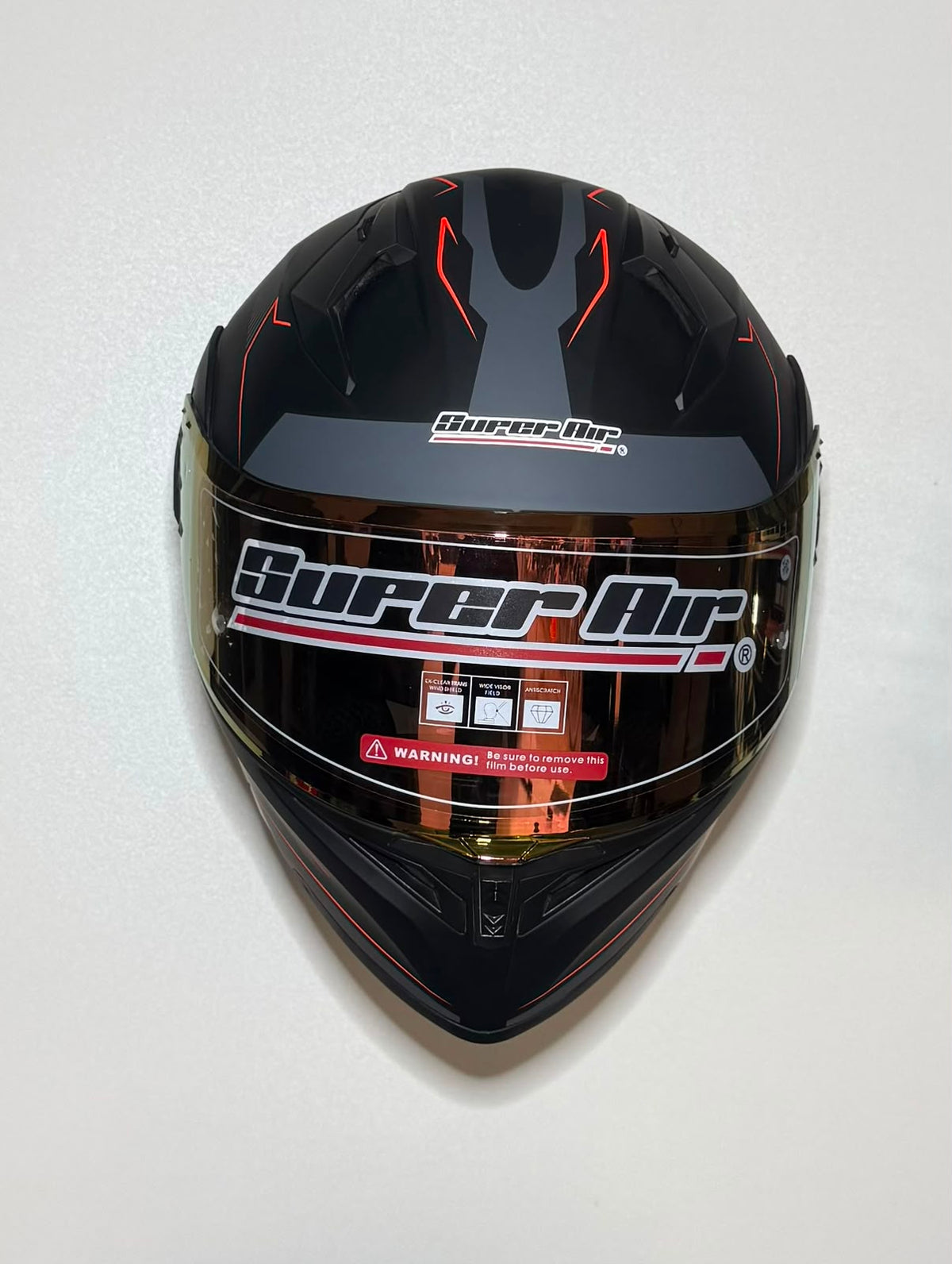 Super Air F-1 helmet front view with gold iridium visor closed and Super Air branding