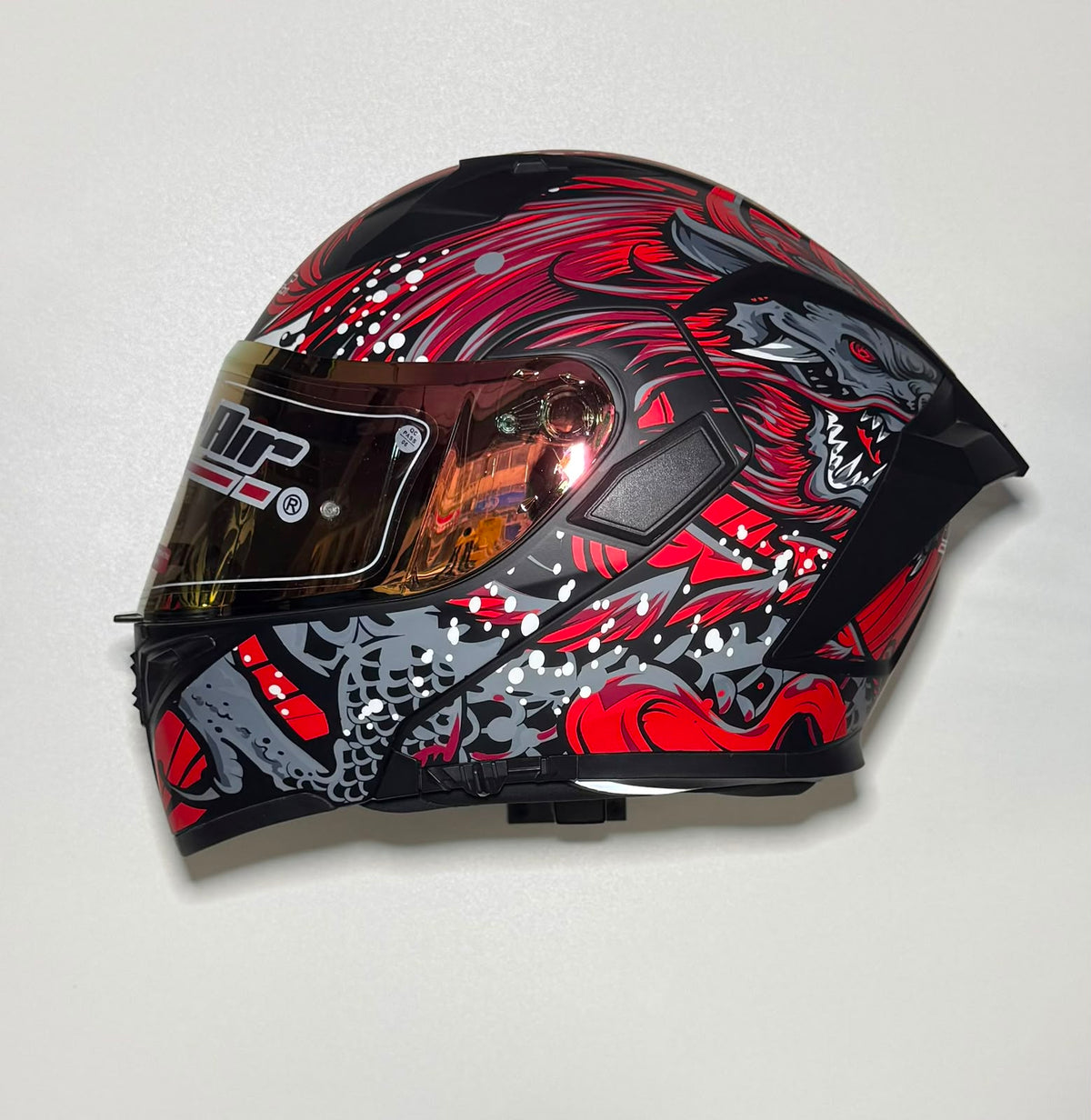 Super Air SP-918 Pro Red Beast helmet side view with gold iridium visor closed