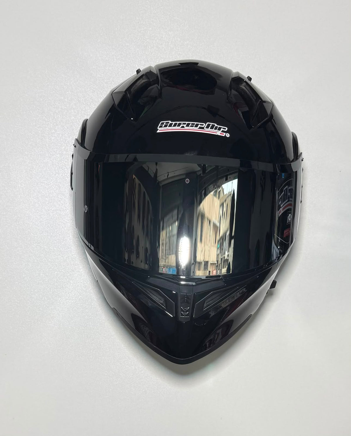 Super Air SP-918 Pro Gloss Black helmet front view with Super Air branding and dark smoke visor
