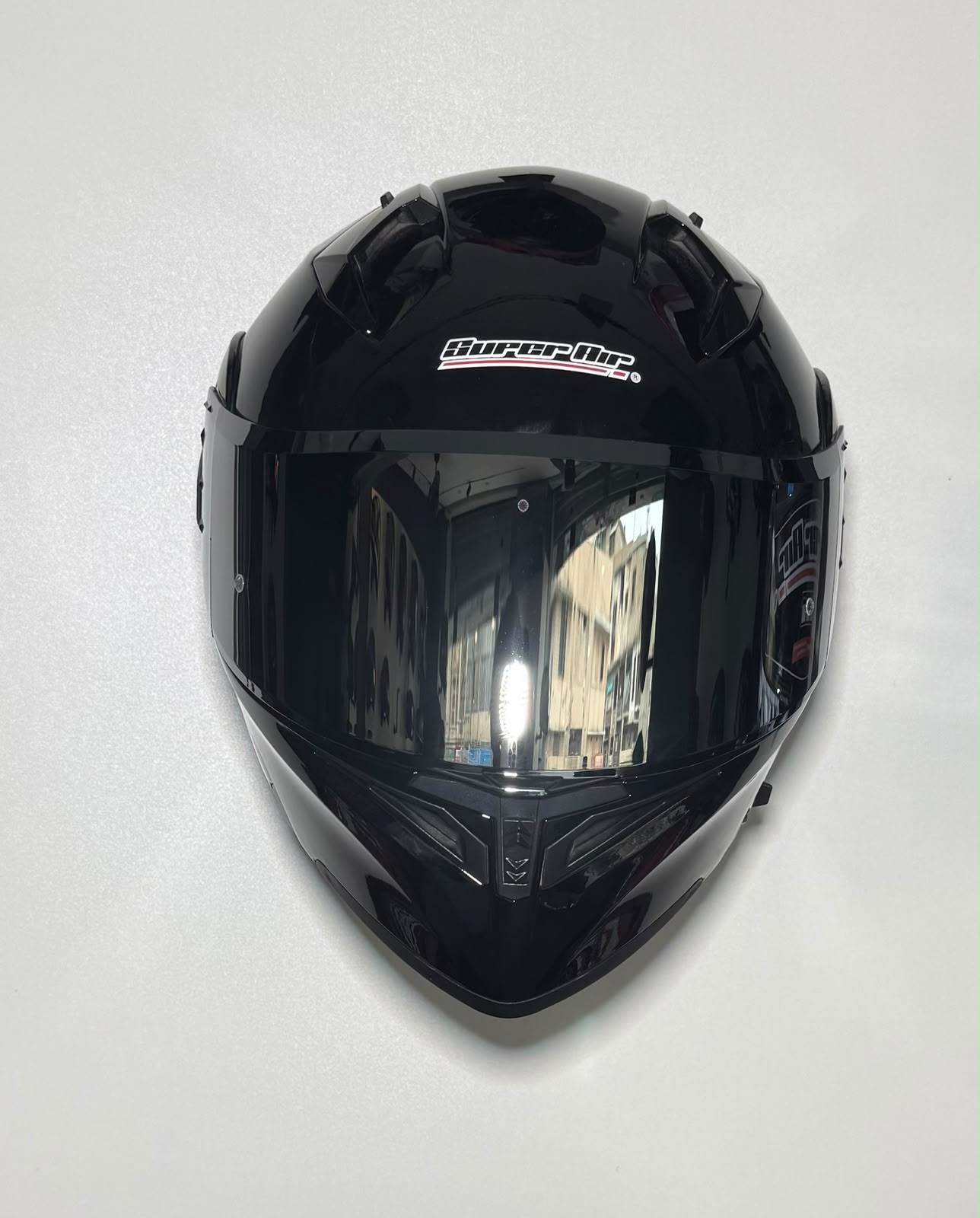 Super Air SP-918 Pro Gloss Black helmet front view with Super Air branding and dark smoke visor