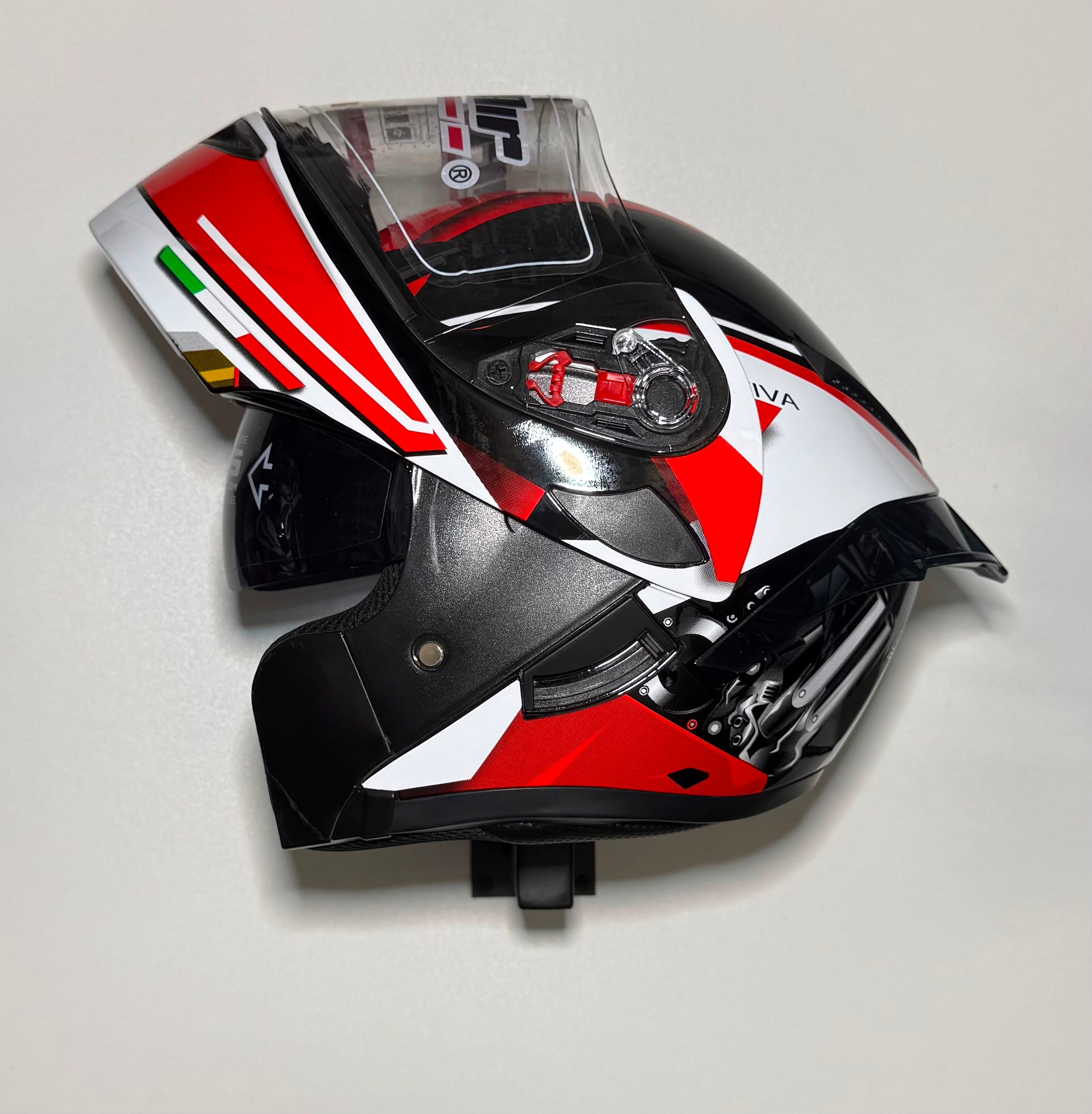 Super Air Sportiva Red helmet top view with visor open showing TSS twin shield