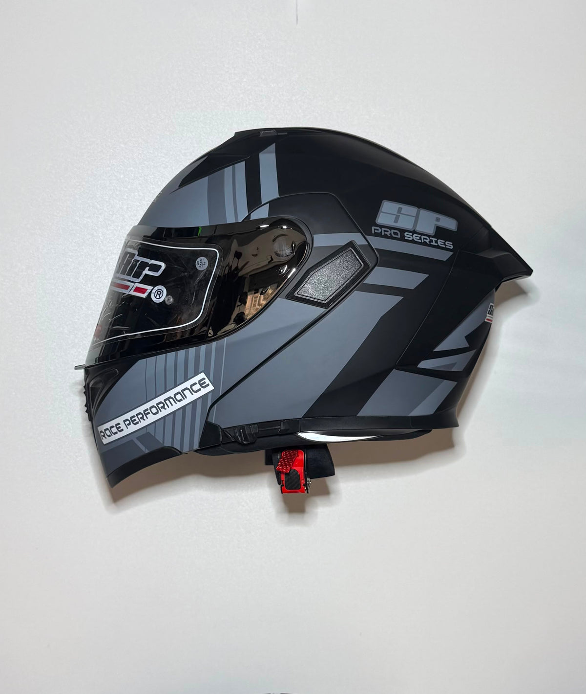 Super Air SP-918 Pro Series matte black Race Performance helmet side view with red buckle