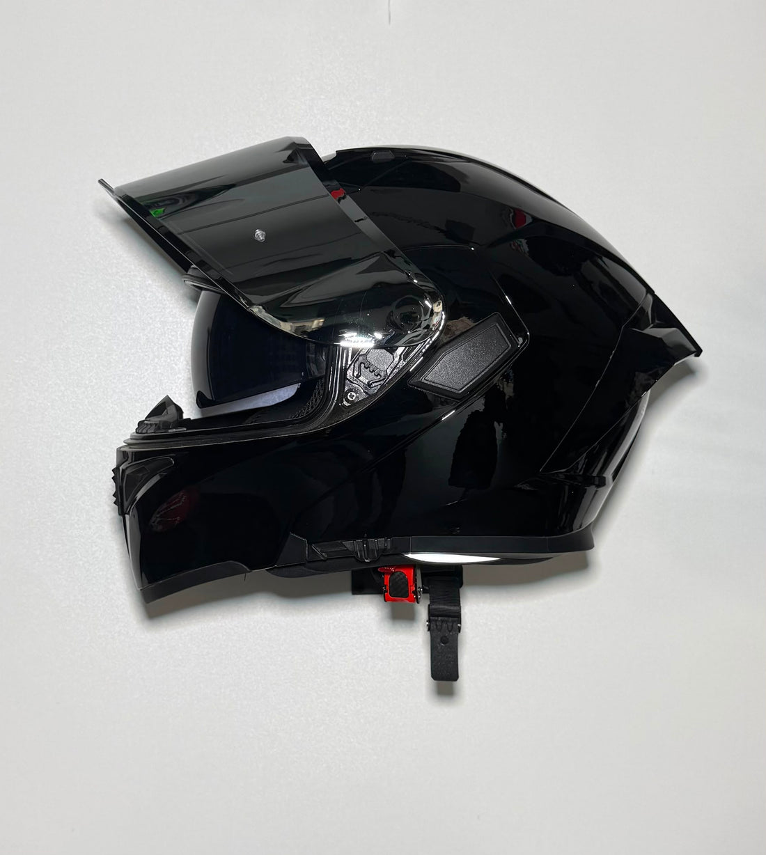 Super Air SP-918 Pro Gloss Black helmet side view with visor open showing inner shield