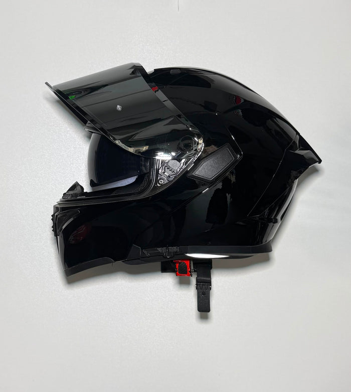 Super Air SP-918 Pro Gloss Black helmet side view with visor open showing inner shield