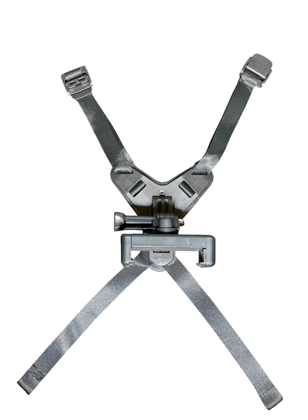 Helmet chin mount front view showing 4-strap adjustable system with GoPro-compatible pivot mount connector in metal silver