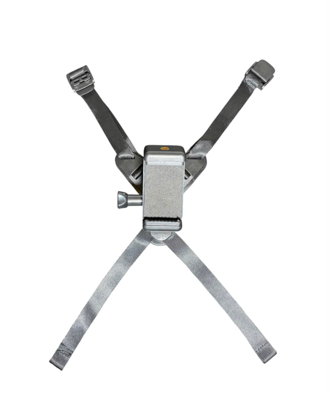 Helmet chin mount front view showing 4-strap adjustable system with GoPro-compatible pivot mount connector in metal silver