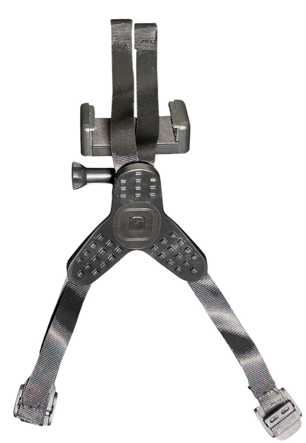 Helmet chin mount top view showing black plastic version with textured grip panel and 4-strap buckle system