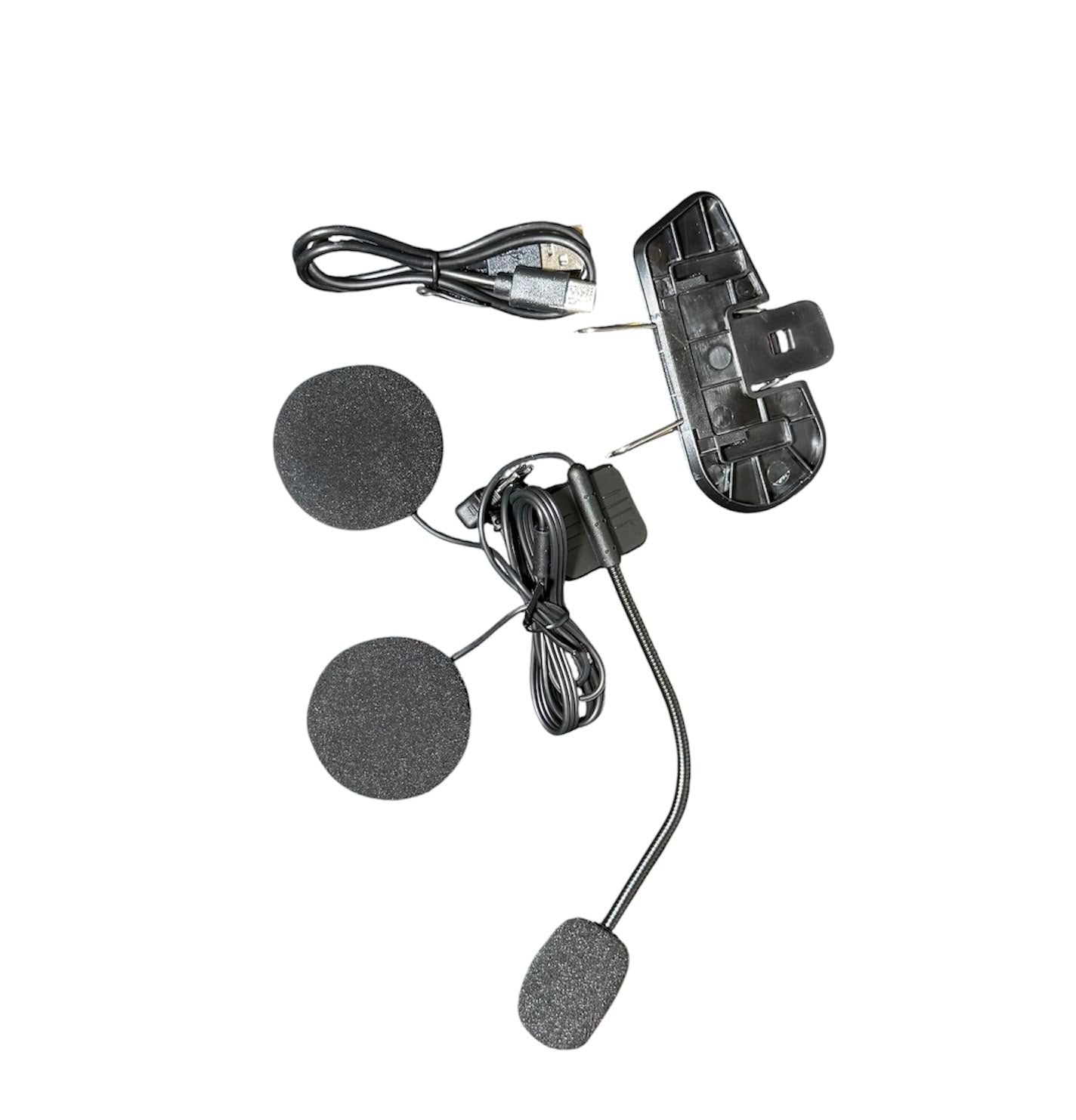 Super Air SP-50 Bluetooth headset kit flat lay showing dual foam speakers, gooseneck boom microphone, helmet clip bracket and USB charging cable