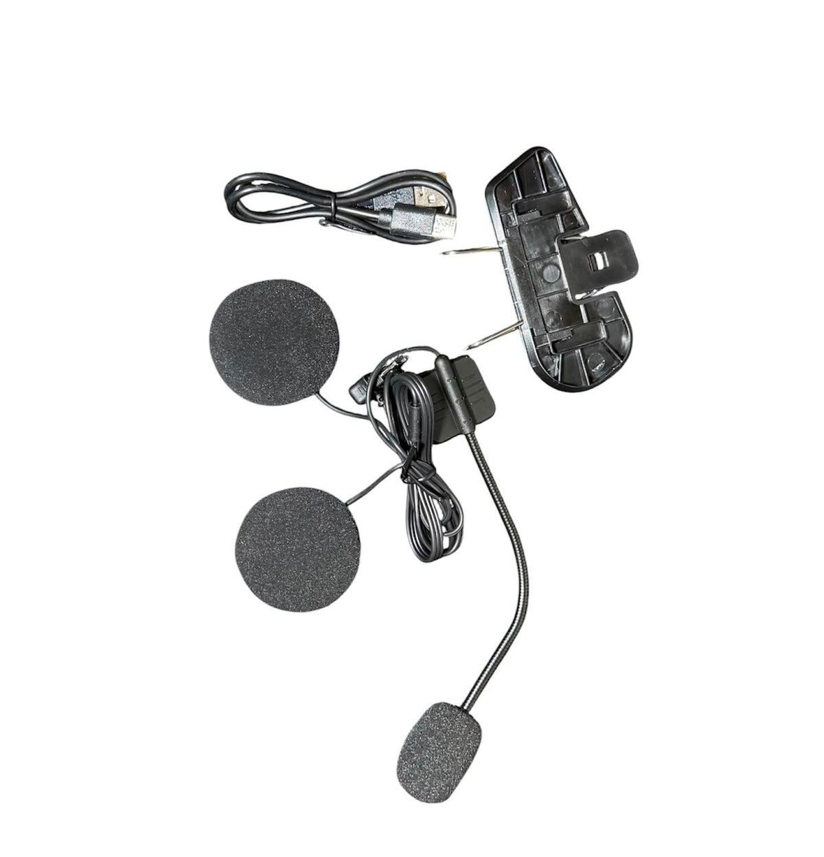 Super Air SP-50 Bluetooth headset kit flat lay showing dual foam speakers, gooseneck boom microphone, helmet clip bracket and USB charging cable