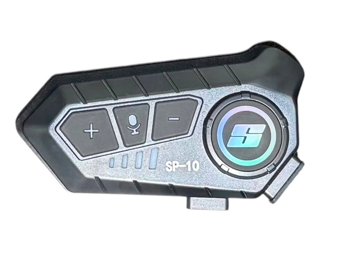 Super Air SP-10 Bluetooth intercom side view showing Super Air branding and RGB-lit S logo dial on matte black body