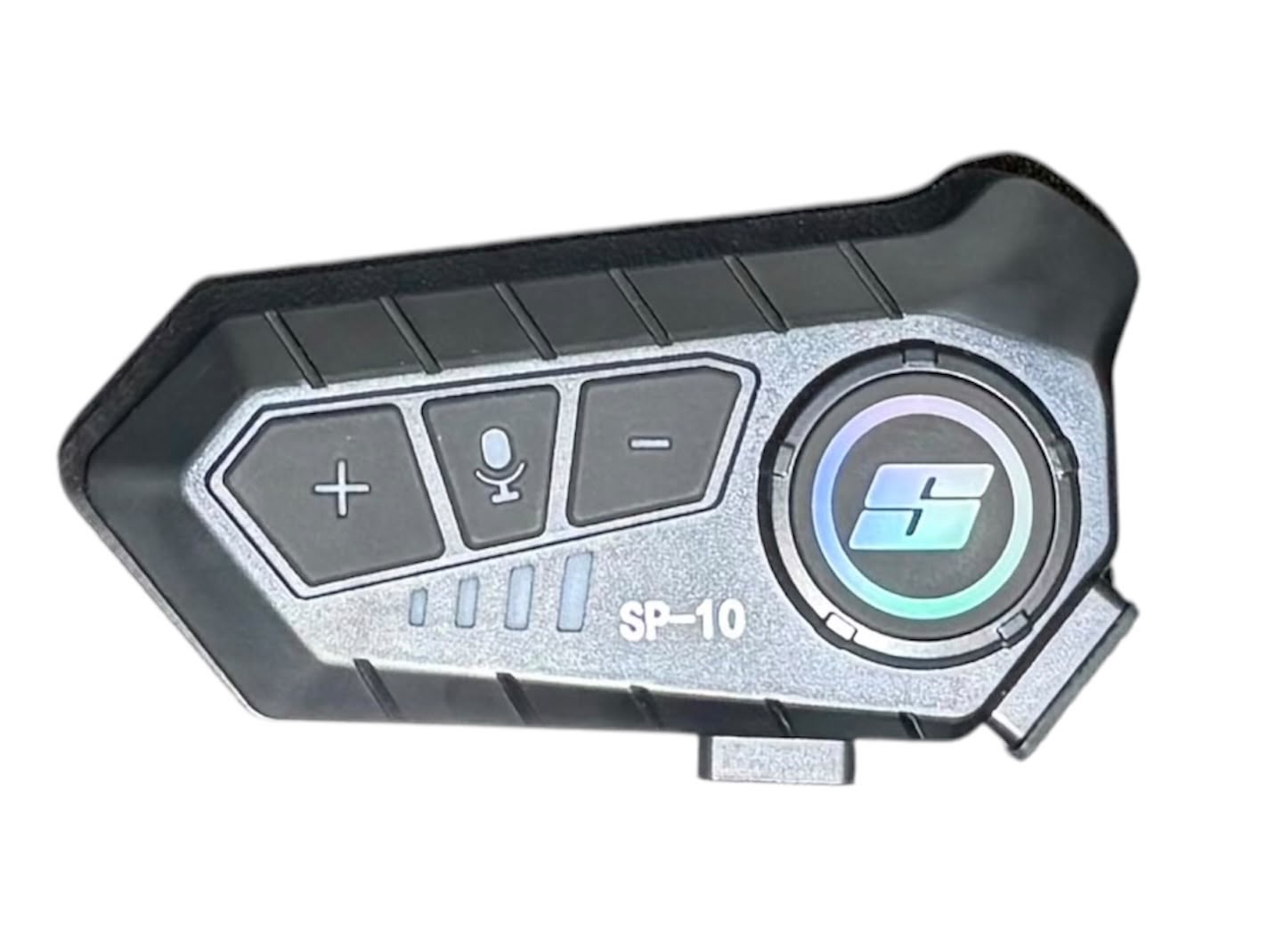 Super Air SP-10 Bluetooth intercom front view showing volume plus minus buttons, microphone button, SP-10 label and RGB S logo