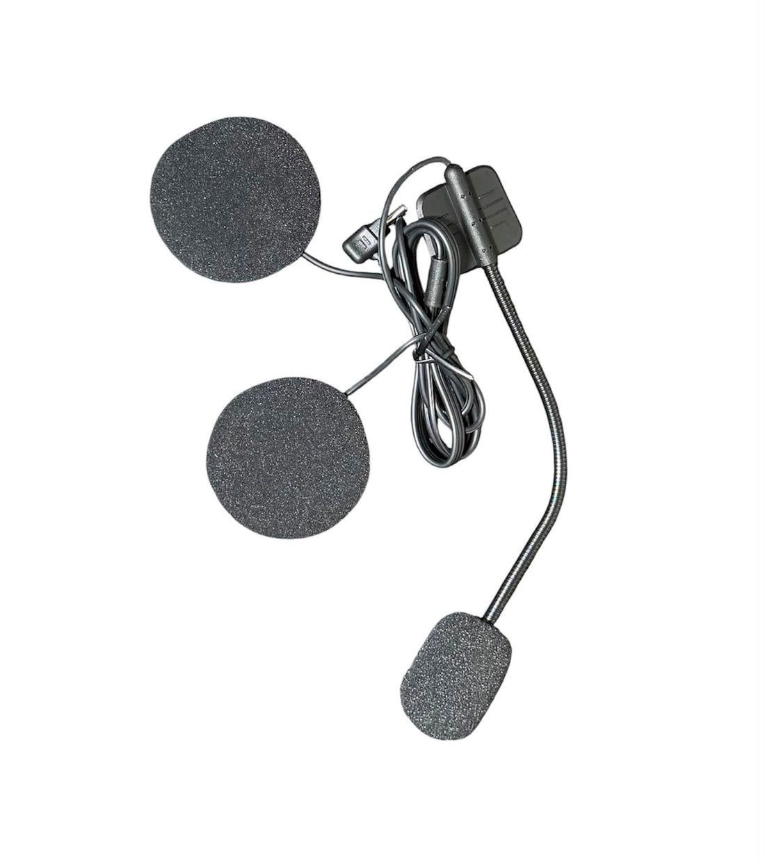 Super Air SP-50 Bluetooth headset kit flat lay showing dual foam speakers, gooseneck boom microphone, helmet clip bracket and USB charging cable