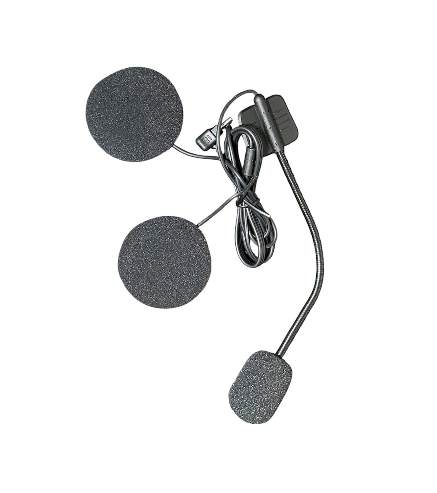 Super Air SP-50 headset kit close-up showing dual flat foam-padded speakers and flexible gooseneck microphone with foam windshield tip
